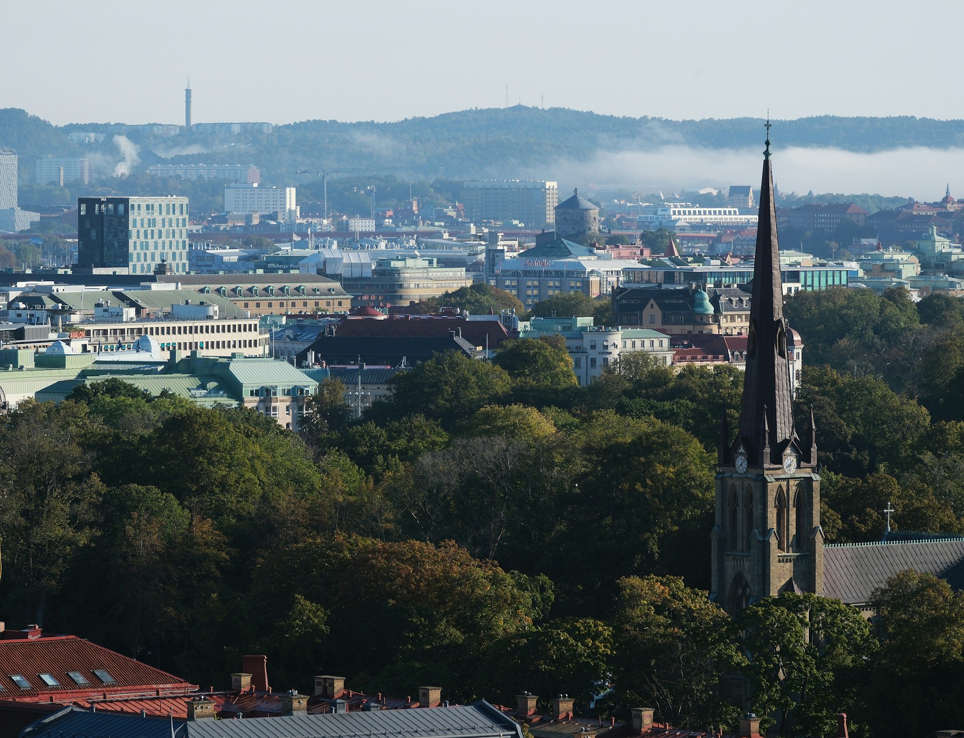 Church spire over Stockholm skyline